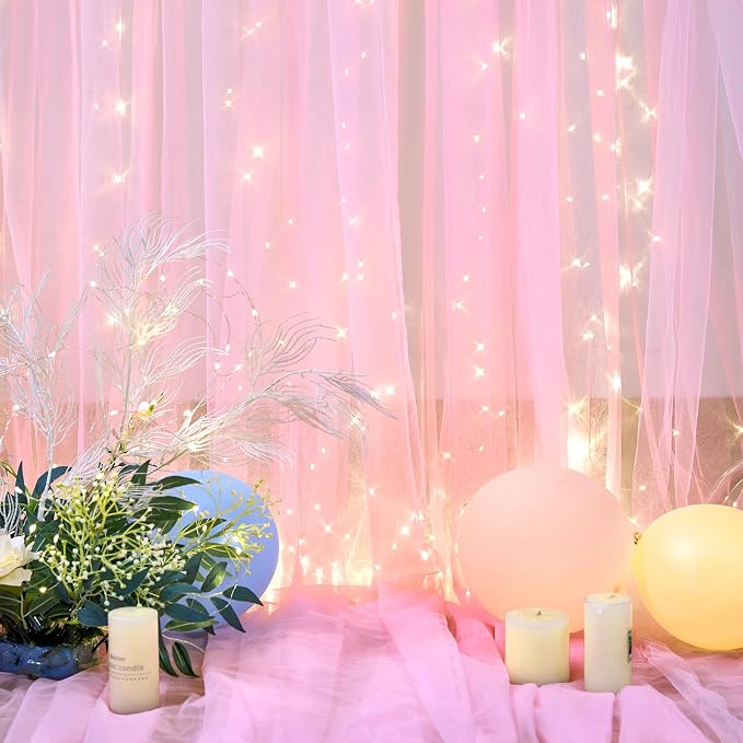 Pink Tulle Backdrop Curtains with Lights String for Parites 10ft×8ft Wrinkle Free Pink Sheer Sparkle Backdrop Curtains for Baby Shower Girls Bridal Shower Birthday Party Photo Shoot Decorations - Image 5