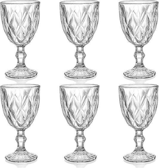 SOUJOY 6 Pack Glasses Goblet, 10oz Vintage Embossed Glass Cup, Beverage Stemmed Party Wine Glasses for Soda, Juice in Bars, Restaurants, Home