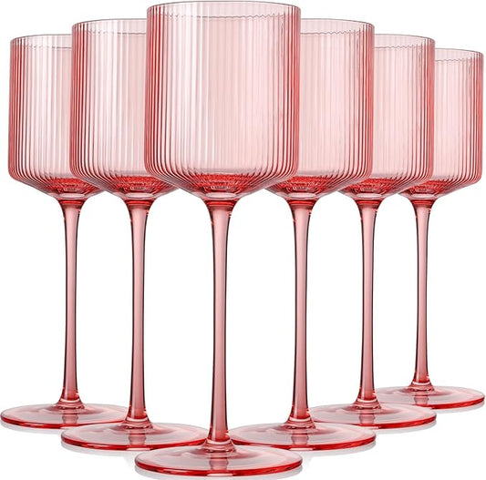 Pink Square Wine Glasses Set of 6, Elegant Ribbed Design Colored Crystal Glassware with Long Stem, 11.5oz Hand Blown Stemware For Red & White Wine Home Bar Party
