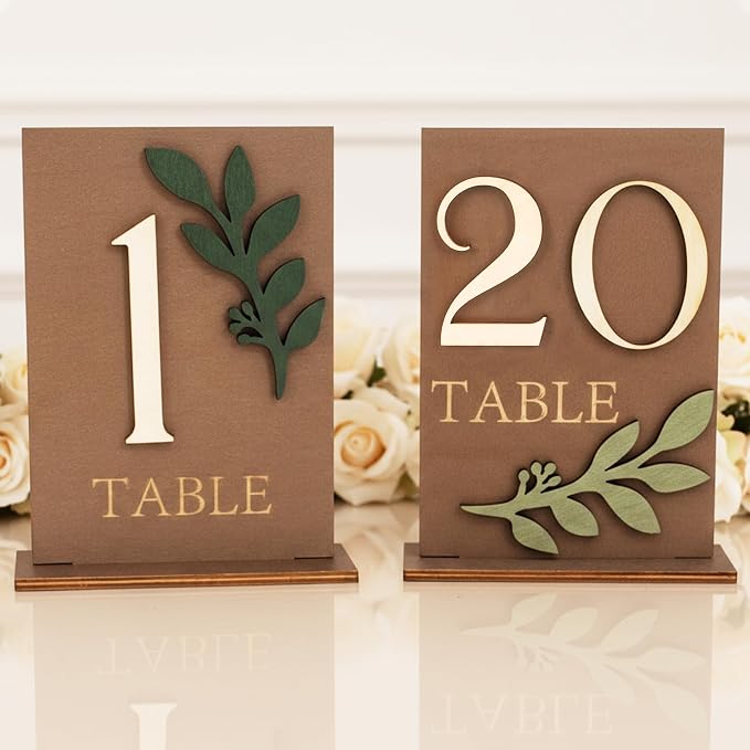 Wedding Table Numbers 1-20 with Holders, Elegant Wood Table Numbers with Eucalyptus Leaves for Wedding Reception, Centerpiece Decoration, Event, Party by JUSTOTRY