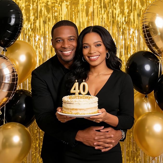 4 Pack Thickened Gold Metallic Foil Fringe Curtains Streamer Rip Resistant Shimmer Tinsel Photo Booth Backdrop for Birthday Wedding Christmas Bachelorette Party Decorations 3.28ft x 6.56ft