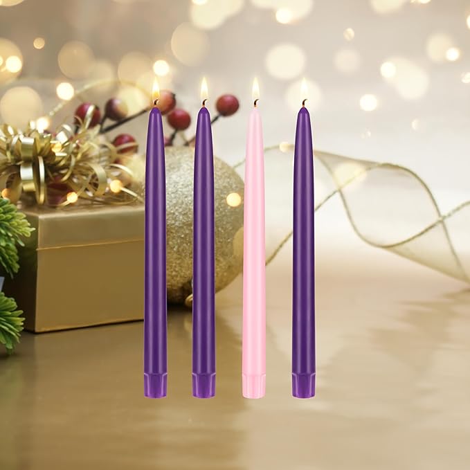 Mega Candles 4 pcs Unscented Christmas Advent Candles Set, Self Fitting Hand Dipped Color Core Taper Candle 10 Inch x 7/8 Inch, Holidays, Festivities, Devotional, Church, Wreath, Party, Gifts