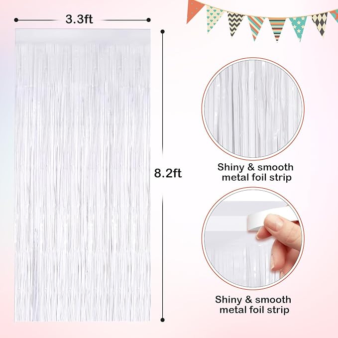 White Metallic Tinsel Foil Fringe Curtains, 2 Pack 3.3x8.3 Feet Streamer Backdrop for Birthday Wedding Christmas Easter, New Year’s Eve Decor, White Tinsel Backdrop for Valentines Day Decorations