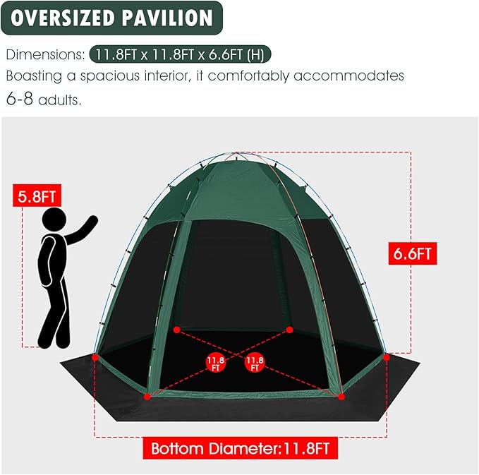 Screen Tent with Removable Floor, Siebwin 11.8FT x11.8FT Six-Sided Gazebos with Mosquito Netting Sunproof Outdoor Canopy Tent for 6-8 People Family Backyard Party Outside Activities, Green