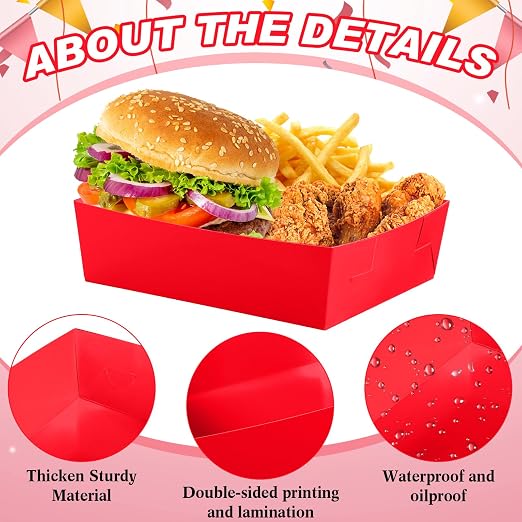 Uiifan 50 Pcs 5 lb Extra Large Paper Food Trays Disposable Food Boat Nacho Plate Serving Snack Trays Grease Resistant Self-assembly for Back to School Party Birthday Wedding Supply (Red) - Image 4