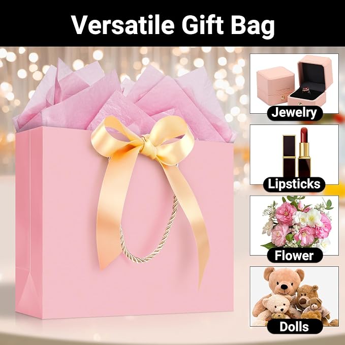EUSOAR Pink Gift Bags with Ribbon Bow, 50pcs 10.6"x3.1"x8.3" Thank You Gift Bags with Handles, Shopping Wedding Party Favor Paper Bags Gift Treat Bags Bulk for Wedding Baby Shower Guests Bridal - Image 3