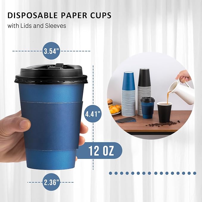 SIUQ 100 Pack 12 oz Coffee Cups with Lids, Disposable Hot Paper Coffee Cups | Black & Blue To Go Paper Cups with Lids and Sleeves for Thanksgiving, Party, Home, Shop, Office, Christmas, Travel and Events - Image 5