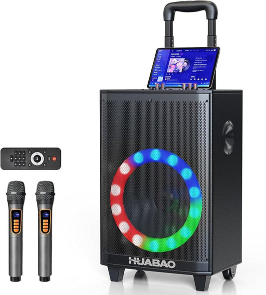 Large Bluetooth Karaoke Speaker with 2 Wireless Microphones, 11 Speaker System with 8800mAh Battery, Trolley PA System with Lights, Remote, FM/AUX/USB/TF, Bass & Treble Adjust, Ideal for Outdoor Party