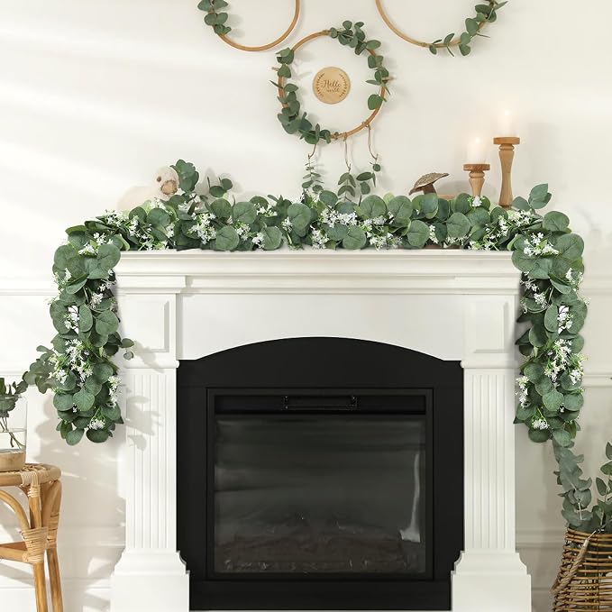 KHOYIME Eucalyptus Garland with White Flowers, 2 Packs 5.9Ft Artificial Silver Dollar Eucalyptus Leaves Plant Fake Greenery Hanging Ivy Vines Faux Wreath for Wedding Arch Party Mantle Table Home Decor | KHOYIME Faux Silver Dollar Eucalyptus Leaves Fake... - Image 6