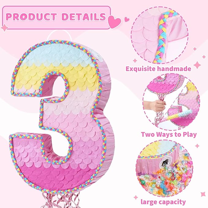 WERNNSAI Pink Sweet Three Pinata - Number 3 Pinata Happy Birthday Decoration Pink Rainbow Design Party Games for Girl Princess Baby Shower Party Favor with Blindfold Anniversary Celebration Supplies