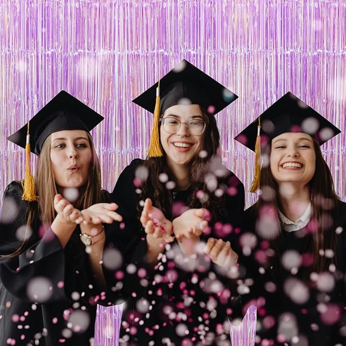 Purple Iridescent Streamer Backdrop Dazzle Tinsel Curtain Door Backdrop Photo Prop, 4 Pack 6.56 FT Glitter Fringe Curtain for Easter Bachelorette Gay Pride Day Birthdays Engagement 80s 90s Disco Party