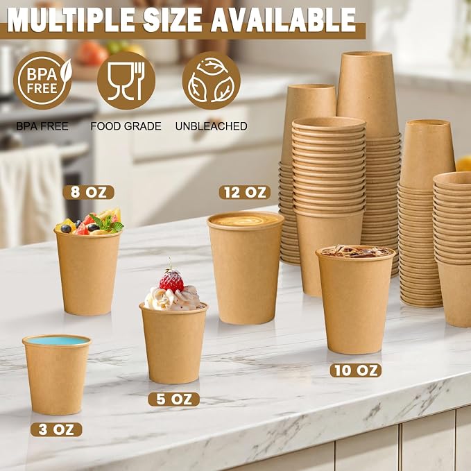 Lamosi 210 Pack 12 OZ Paper Coffee Cups, Disposable Kraft Paper Cup | Unbleached Brown Cups for Hot/Cold Beverages, Suitable for Home, Kitchen, Office, Party, Picnic, Travel, Cafe & Bar Use - Image 5