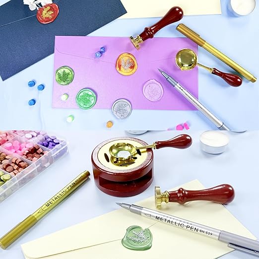 Wax Seal Kit, 624 Pcs 24 Colors Sealing Beads, 1 Pcs Stamp,Sealing Wax Warmer, Metallic Pen, 10Pcs Envelope, 8Pcs Tea Candles for Wedding Birthday Gift and DIY Craft