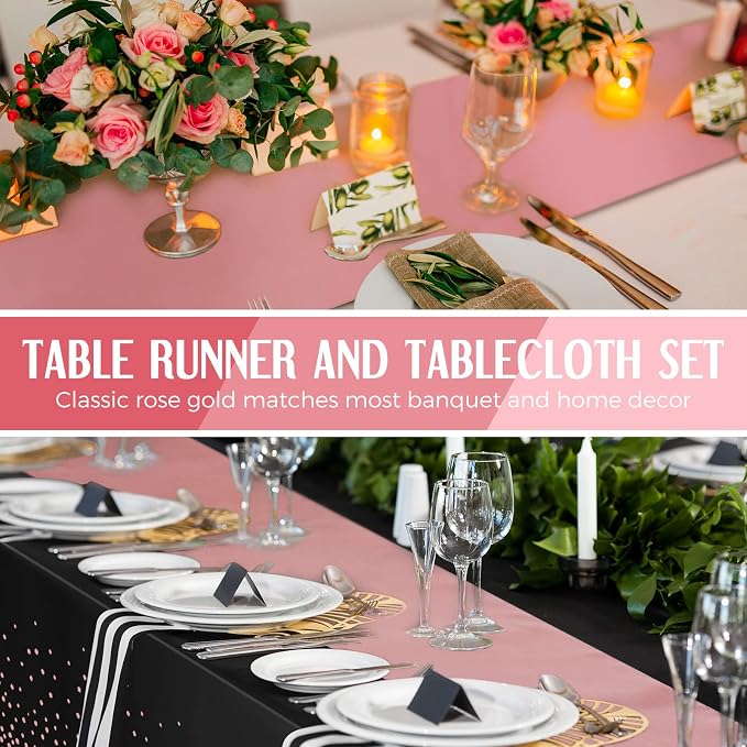 24 Packs Tablecloths Satin Runner Black and Rose Gold Graduation | 54x108 Inch Disposable Tablecloth and 12x108 Inch Satin Runners for Wedding Birthday Party Baby Shower Christmas New Year - Image 5
