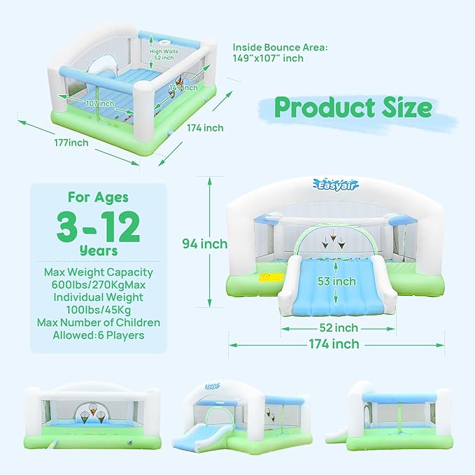 Large Bounce House for Big Kids, 14.8 x 14.5 FT Inflatable Bouncer Jumper Slide with 650W Blower, Basketball Hoop, Throw Ball Game, Ball Pits