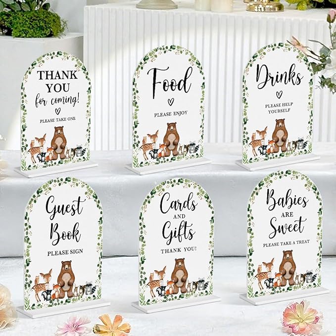 6 Pcs Woodland Baby in Bloom Shower Decorations, Baby Shower Sign, Newborn Gifts, Cards and Gifts Signs, Modern Arched Acrylic Table Top Signs With Stand for Birthday Party Decorations (White)