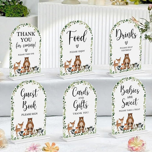 6 Pcs Woodland Baby in Bloom Shower Decorations, Baby Shower Sign, Newborn Gifts, Cards and Gifts Signs, Modern Arched Acrylic Table Top Signs With Stand for Birthday Party Decorations (White)
