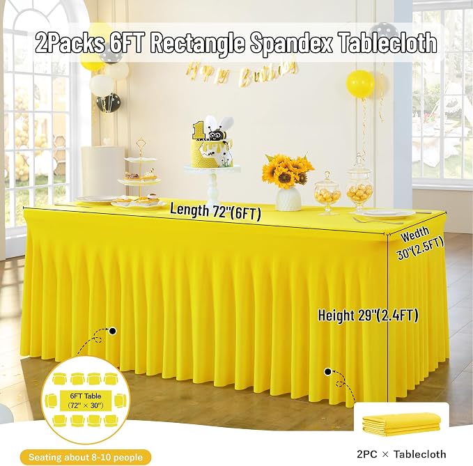 Leegleri 2 Pack Yellow Spandex Fitted Table Clothes for 6 Foot Rectangle Tables - Wrinkle Free, Perfect for Banquets, Weddings & Parties - Image 6
