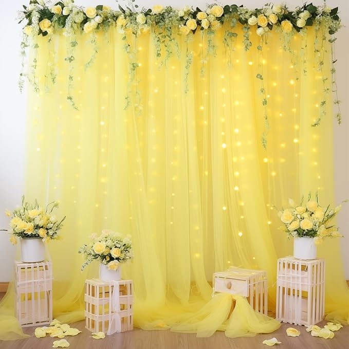 10ft x 10ft Yellow Backdrop Curtain with Lights String for Parties, Sheer Tulle Wedding Photo Backdrops Drapes for Baby Shower Birthday Party Decorations Background for Photography - Image 3