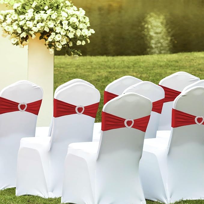 100PCS Spandex Stretch Red Chair Sashes Bows Universal Elastic Chair Cover Bands Ties with Buckle Slider for Wedding Party Birthday Reception Event Banquet Decoration(Red) - Image 2