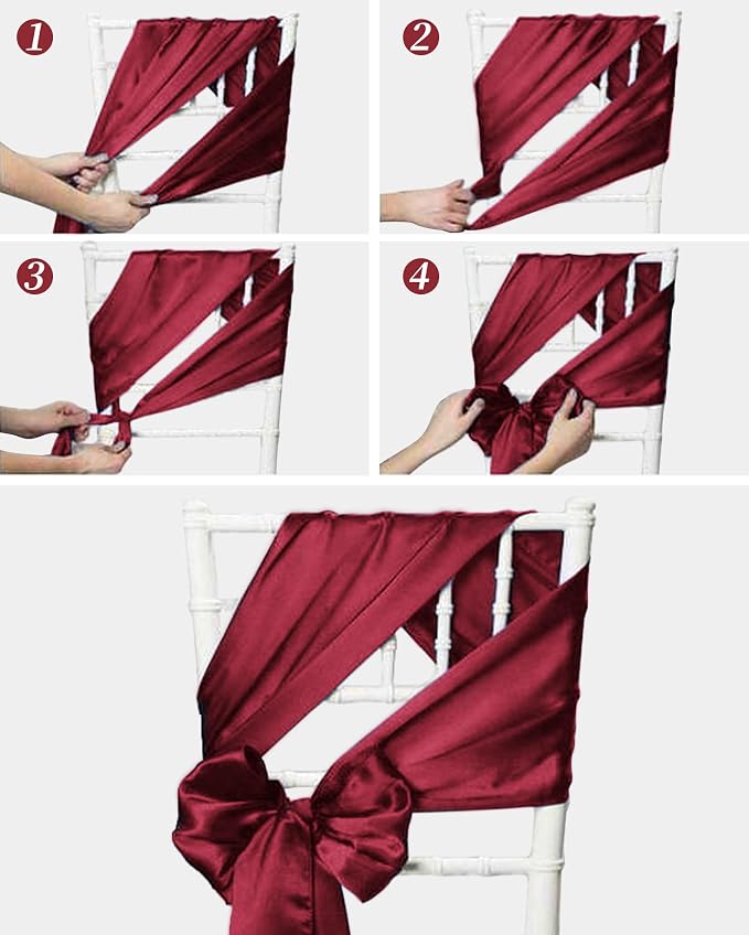 YMHPRIDE 60 PCS Burgundy Satin Chair Sashes,Ties Bows Designed Chair Sashes for Wedding Party Baby Shower Banquet Restaurant Hotel Folding Chairs Decoration(Burgundy,7x78 inch) - Image 6