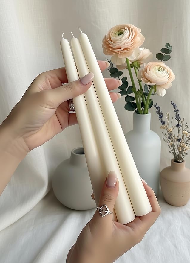 12pk 10" Classic Taper Candles, Ivory, 7-8 Hours Long Burning, Unscented Tall Candlesticks