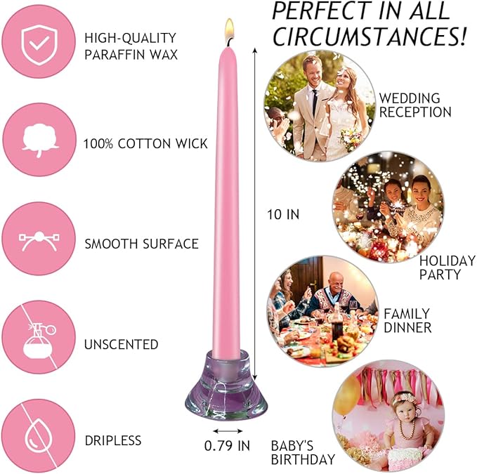 Pink 10-inch Set of 8 Cone-Shaped Candles, Perfect for Dinner - Smoke-Free and odorless Cone-Shaped Candles Burn for a Long time