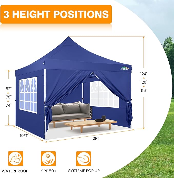 COBIZI 10x10 Pop Up Canopy with 4 Sidewalls, Canopy Tent 10x10 for Parties, Backyard, Commercial, Waterproof and Portable Instant Shelter UV50+ Outdoor Gazebo with 4 Sandbags(Deep Blue)