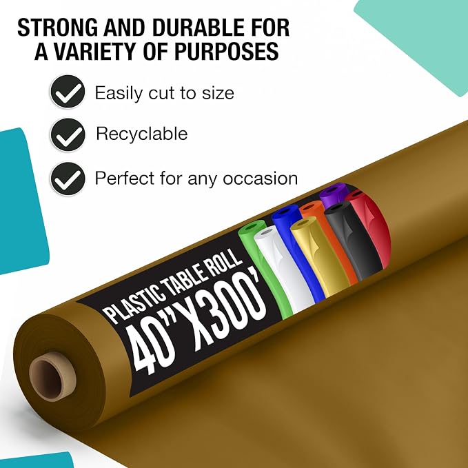 Exquisite Party Solids Gold Plastic Table Cover Roll 40" X 300' Table Cloth Plastic Cover Roll - Premium Quality Thick 0.5 MIL Banquet Rolls - Disposable Tablecloth Rolls - Image 2