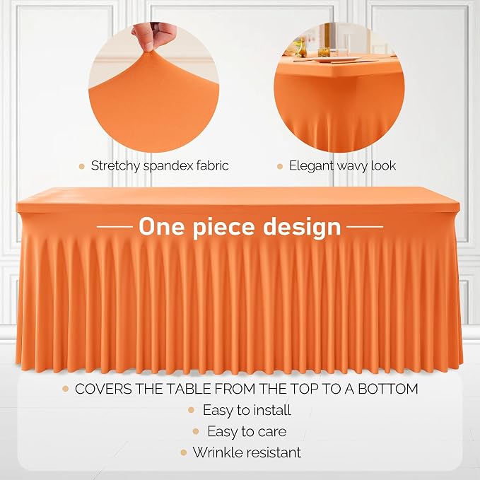 2 Packs Orange Table Clothes for 4 Foot Rectangle Tables, One-Piece Wrinkle Resistant Stretch Spandex Table Covers with Skirt for Event Banquet Wedding Birthday Party - Image 2