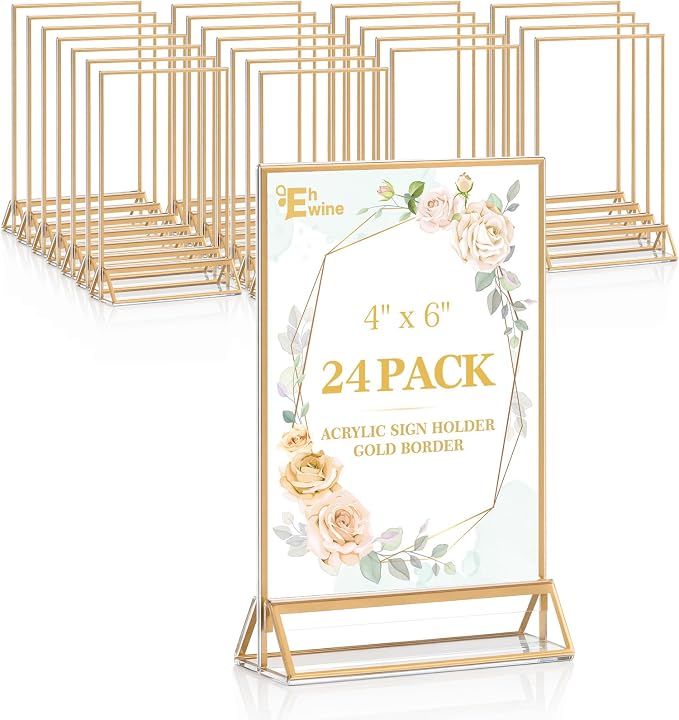 EHWINE 24 Pack Acrylic Sign Holder 4 x 6, Double Sided Gold Picture Frame Stand up Table Top Sign Holders, Clear Display Stand Menu Flyer Holder for Wedding Party by EHWINE