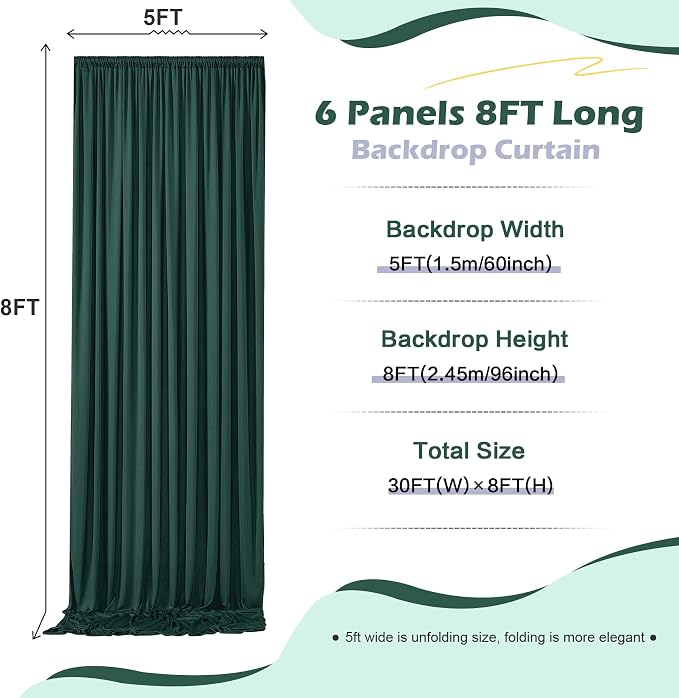 30ft x 8ft Wrinkle Free Hunter Green Backdrop Curtain for Jungle Parties, 6 Panels 5×8ft Soft Silky Green Polyester Photo Backdrop Drapes for Wedding Birthday Photography Christmas Background Cloth - Image 5