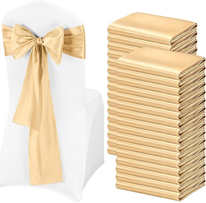Pesonlook 100Pcs Satin Chair Sashes Ties, Champagne Satin Chair Sashes Bows Chair Cover Back Tie Supplies for Wedding Reception Events Banquets Party, Hotel Event, Chairs Decoration | Satin Chair Sashes Bows Chair Cover Back Tie Supplies for Wedding Re... by Pesonlook