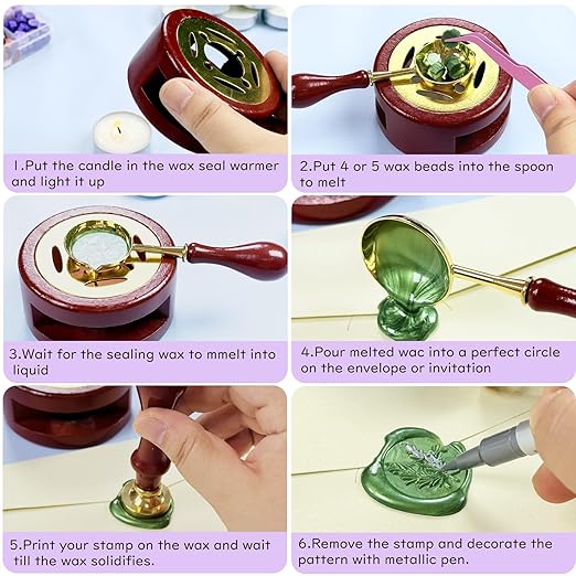 Wax Seal Kit, 624 Pcs 24 Colors Sealing Beads, 1 Pcs Stamp,Sealing Wax Warmer, Metallic Pen, 10Pcs Envelope, 8Pcs Tea Candles for Wedding Birthday Gift and DIY Craft
