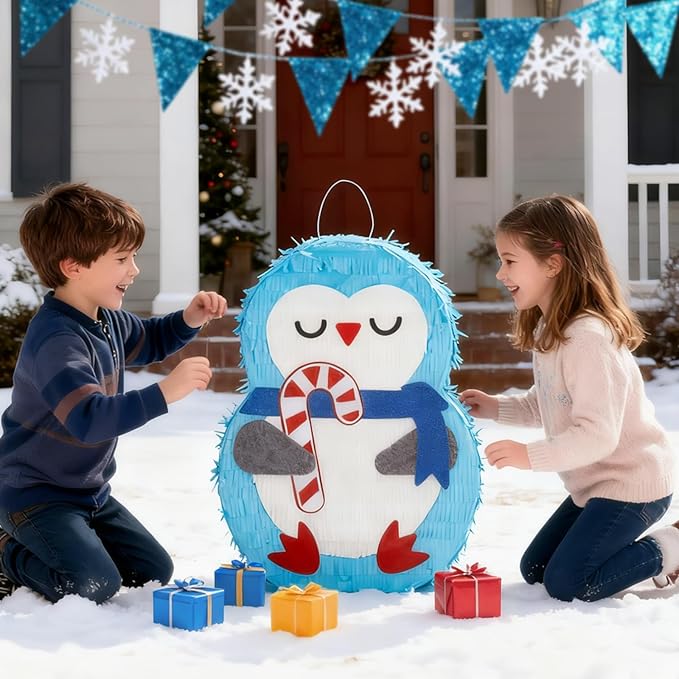 Cute Penguin Pinatas Bundle with a Blindfold and Bat (Small Size 16.5x12x4 Inches), Perfect for Winter boys and girls Birthday Party Supplies, Christmas Party Decoration Games for Kids Party