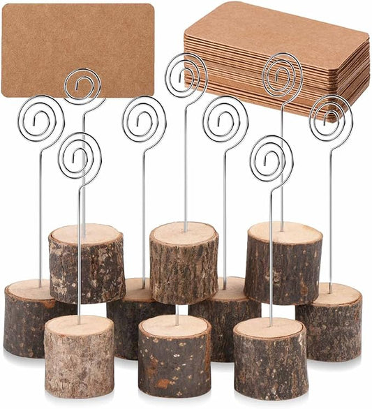10Pcs Premium Wood Place Card Holders with Swirl Wire and 20 Pcs Kraft Place Cards, Rustic Wood Table Number Holders Stands, Name Cards Photo Holders for Wedding Party Sign Food Cards Label
