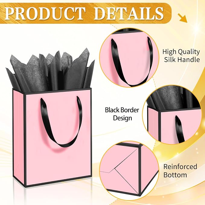 Epoesch 24 Pack Gift Bags with Handles & 24 Tissue Papers – 8x5x10 Inches | Pink with Black Edge for Birthday Parties, Weddings, Baby Showers, Holidays, Christmas, Thank You & Welcome Gifts - Image 3