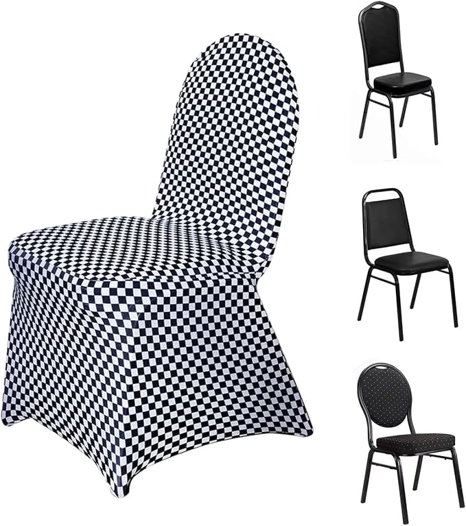 Efavormart 10 PCS Black/White Checkered Plaid Spandex Stretch Banquet Chair Covers for Party Dining with Foot Pockets Washable Wedding Chair Slip Covers for Outdoor by efavormart