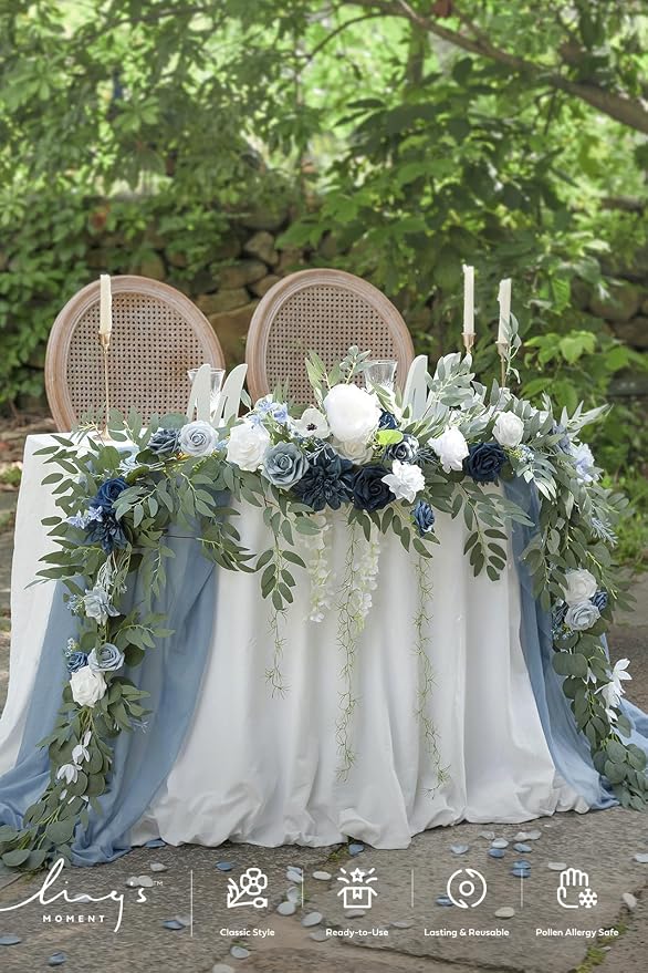 Ling's moment Dusty Blue Artificial Flower Garland Wedding Arch 9 FT | White Rose & Eucalyptus , Greenery, Sweetheart Table Decor, Floral Garland for Mantle, Centerpieces, Backdrop - Image 3