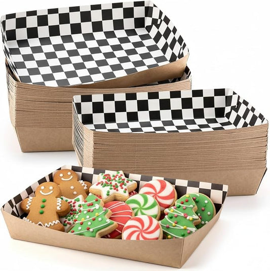 Norme 60 Pcs Disposable Black White Checkered Paper Food Trays 5 lb Heavy Duty Kraft Paper Food Serving Boats 10.2 x 7.1 x 2 Inch Nacho Taco Hot Dog Chips Snack Hamburger Holder for Party by Norme