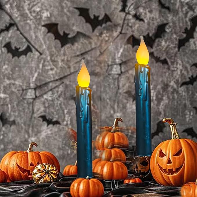 LINCOUNTRY.Primitive Wax Black Flameless Taper Candles Flickering Led Dripped Battery Operated Taper Candles with Timer,6.75 Inch 3D Wick, Christmas Home Halloween Fireplace Decor