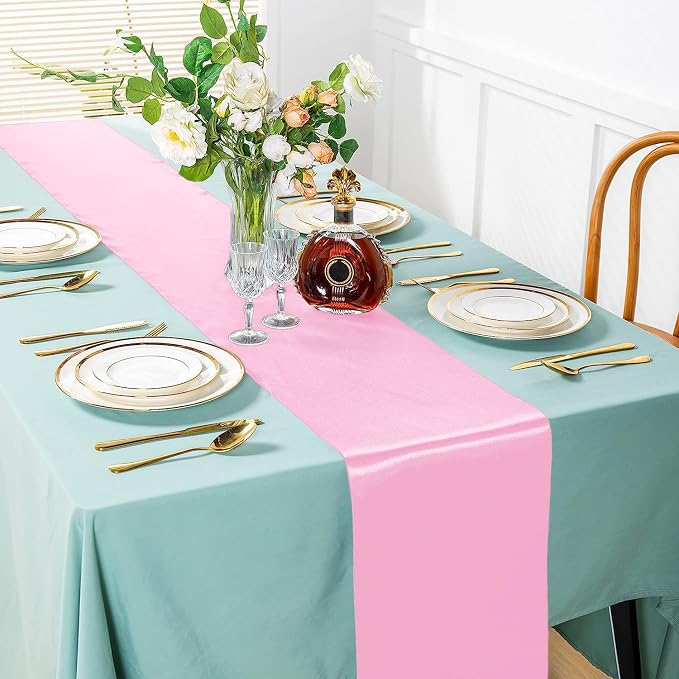 SI Pack of 5 Wedding 12 x 108 inch Satin Table Runner for Wedding, Decorations for Graduations, Engagements, Birthday Parties, Banquets, Runners fit Rectangle, Round Table - Pink - Image 2