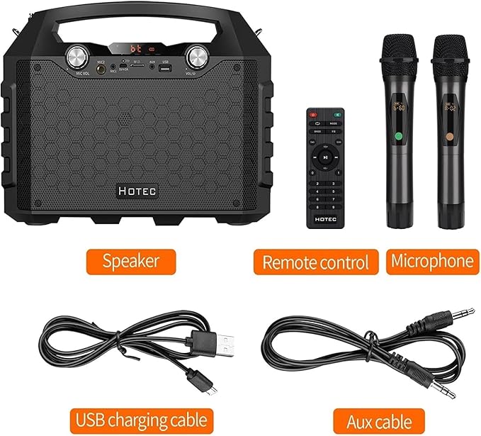 Hotec Wireless Portable PA Speaker System, Powerful Bluetooth Karaoke Machine with Dual Wireless Microphone for Wedding, Party, Teaching, Karaoke, Other Outdoor and Indoor Activities