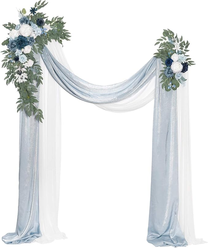 Ling's moment Wedding Arch Flowers with Drapes, Dusty Blue | Pack of 4, 2pcs Hanging Floral, 2pcs Chiffon Drape, Artificial, Ceremony Spring Fake Silk Rose Arbor Backdrop Floral Swag by LingsMoment