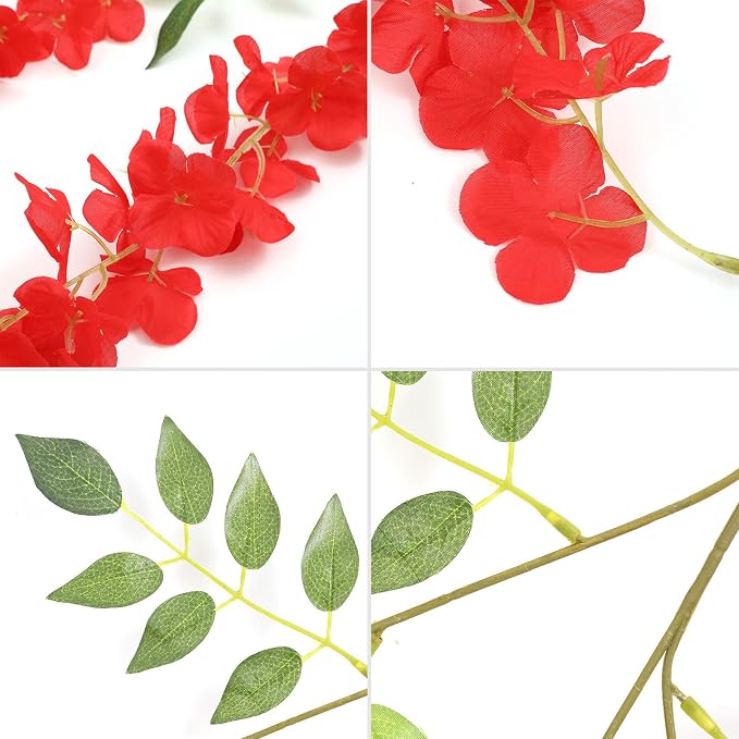 U'Artlines 24 Pack (Total 86.4 Feet) Artificial Fake Wisteria Vine Rattan Hanging Garland Silk Flowers String Home Party Wedding Decor (24, Red) - Image 5