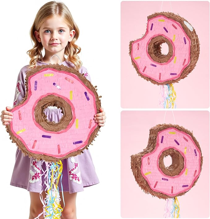WERNNSAI Donut Piñata - Pink Donut Pinata with String Birthday Party Decorations Piñata with Stick Blindfold for Girls Kids Dount Pull String Pinata Family Games Birthday Party Supplies