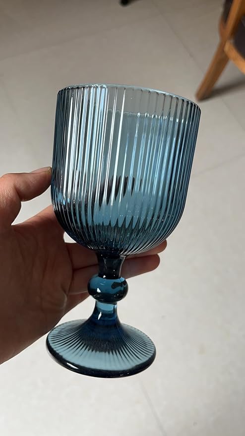 Blue Glasses Drinking Water Goblets set of 6 Big Vintage Glassware 13oz Colored Wine Glasses for Wedding Party Bar Vertical Line Embossed Pattern Stemmed Cups 400ml