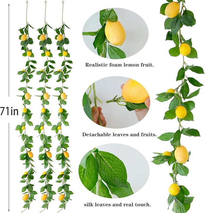 Dallisten 3 Strands Lemon Artificial Vines, 71" Lemon Silk Vine Garland with Green Leaves, Fake Hanging Plants Greenery Decor for Home, Bedroom, Wall, Party, Wedding Decoration - Image 2