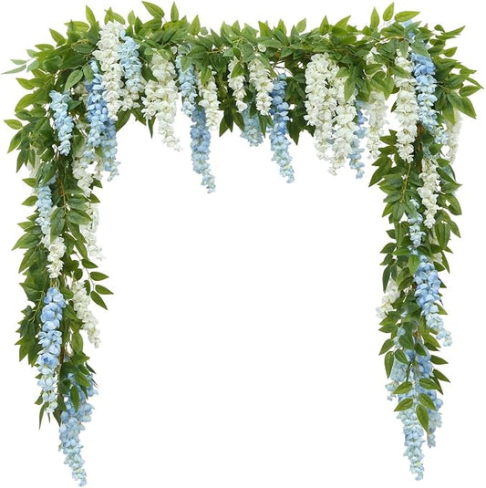 4 Pcs Two-Tone Flower Vine Artificial Wisteria Garland Silk Faux Hanging | blue-white Suitable for Home Hotel Stairs Wedding Arch Party Indoor Outdoor Decoration by Unknown