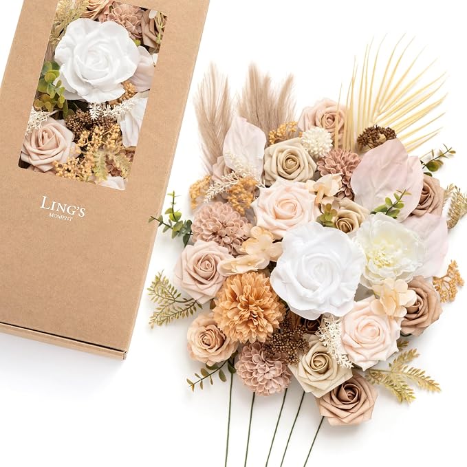 Ling's moment Artificial Wedding Fall Flowers Deluxe Combo, Boho & Nude | Fake Flower Greenery Stems Foam Roses Dahlia Peony for DIY Bridal Bouquets, Table Centerpiece, Floral Arrangement, Home Decor by LingsMoment